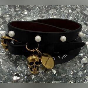 Alexander McQueen double wrap leather skull bracelet with pearl embellishment